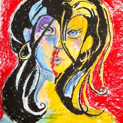 portrait of a girl, a woman with black hair, blue eyes, bright colors, red, yellow, oil pastel