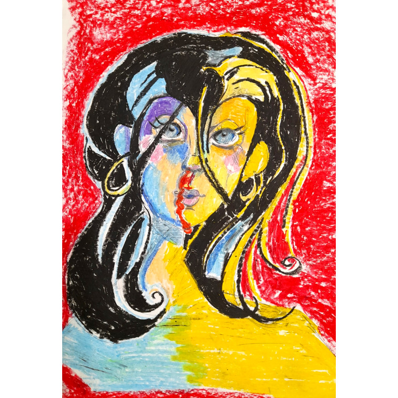 8 пикс Portrait of a girl, a woman with black hair, blue eyes, bright colors, red, yellow, oil pastel.png