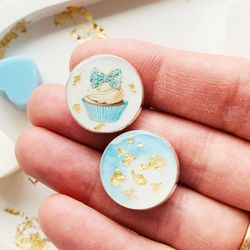resin stud earrings, light blue minimalist earrings with gold, circle lightweight cute earrings foil