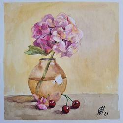 hydrangea original painting flower watercolor cherry artwork floral art home decor