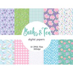 Books Tea Digital Paper | Spring Seamless Patterns Set