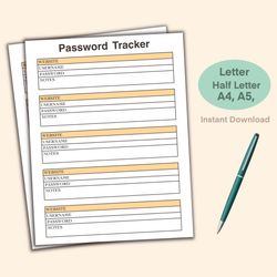 Password Tracker, Printable Password Log, Print at home planner pages, Address Book Pages, Planner templates, Organizer,