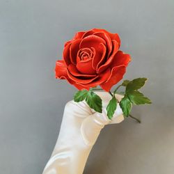 Red leather rose long stem 3rd anniversary gift for her, Leather flower living room decor