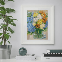 original oil painting flower bouquet with sunflowers. interior painting, decor,gift. picture miniature