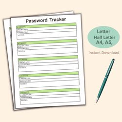 Password Tracker, Printable Password Log, Print at home planner pages, Address Book Pages, Planner templates, Organizer,