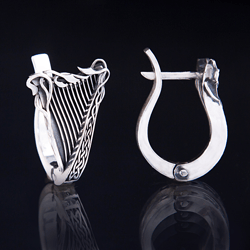 Silver earrings with Celtic harp and leaves