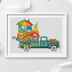 Rainbow gnome truck cross stitch pattern PDF, gnome cross stitch, rainbow gnomes, truck cross stitch, cute cross stitch