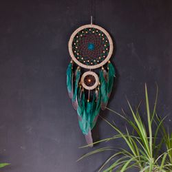 Green dream catcher wall hanging | Dreamcatcher above the bed decor | Not Native American