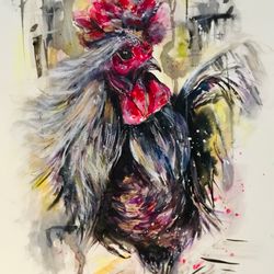 silver rooster original watercolour painting