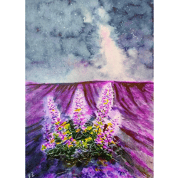 Lavender Painting Original Watercolor Night Landscape Painting Fields Artwork Flowers Painting Lavender Original Art