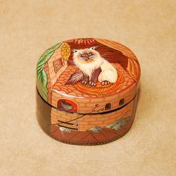 Cat lacquer box hand-painted small decorative unique art gift