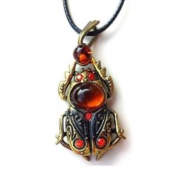 Scarab Beetle Pendant Necklace Brass Amber Jewelry Egypt beetle jewelry Amulet protection necklace insect necklace