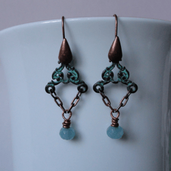 Boho Shabby chic Vintage style solid and natural copper earrings Textured patinated with a Aquamarine bead and chain