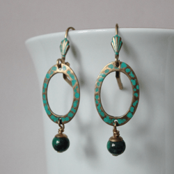 Boho Shabby chic Vintaj solid and natural brass Chrysocolla earrings Textured patinated