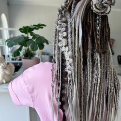 Silver dreadlocks crochet grey dreads with braids and accessories double or single ended fake dreads extensions