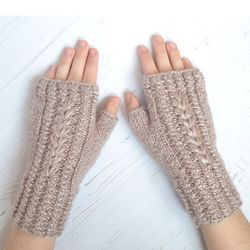 Fingerless gloves for woman, Sparkle beige fingerless mittens, knit hand warmers