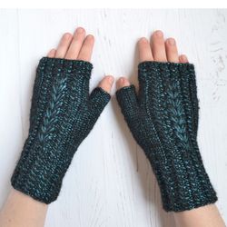 fingerless gloves for woman, sparkle blue fingerless mittens, knit hand warmers