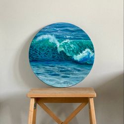 Blue Wave Painting, Original Oil Painting, Round Canvas Art, Seascape Painting, Ocean Wall Decor