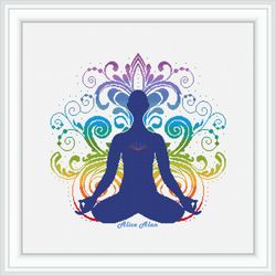 Cross stitch pattern Yoga man silhouette Aura Chakras rainbow curls Buddha god ethnic India counted crossstitch patterns
