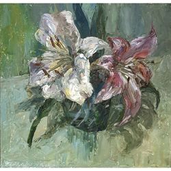 Art Lilys Flowers Oil Painting ORIGINAL Flower Art 8,9x9" Signed by artist Marina Chuchko Impressionist