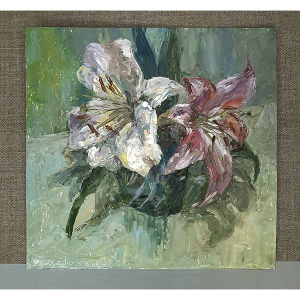 White Flowers on green. Original artwork hand painted by artist with palette knife.