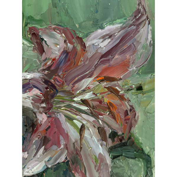 Pink Lily on green. Fragment of hand painted art.