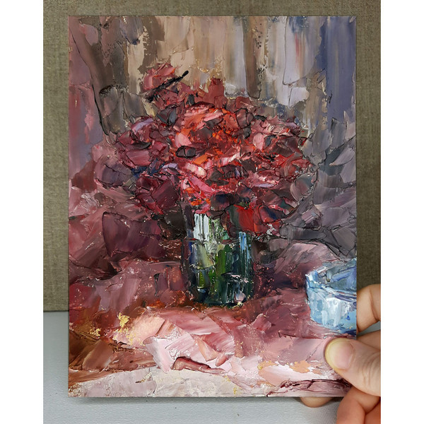 Art Red Flowers in green vase. Original small painting hand painted by artist.