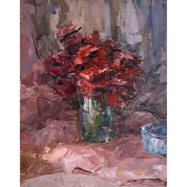 Red Flowers on pink. Original Oil painting size 8 by 6 inches.