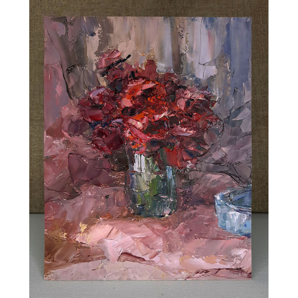 Red Flowers Art on pink. Affordable Original painting for Home decor.