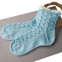 Handmade wool womens socks. Slippers blue socks. Gift for women.