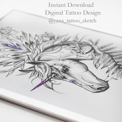 Unicorn Tattoo Sketch Unicorn Tattoo Design Unicorn Flowers Design for Woman, Instant download PDF and JPG files