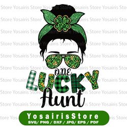 one lucky aunt png, aunt skull digital download, st patrick day sublimation transfer, messy bun and glasses design