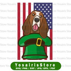 basset hound in leprechaun hat png, st patrick's day american flag png, sublimation, commercial use png clipart