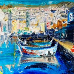 Italy Painting Venice Original Art Boats Original Artwork Impasto Textured Modern Painting by FusionArtCreation