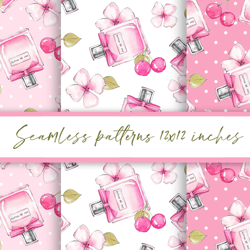 Perfume and flowers. Pink watercolor seamless patterns