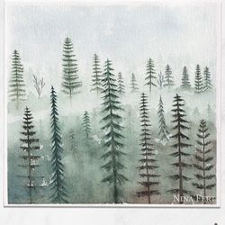 foggy forest painting original watercolor painting on eco-friendly paper green forest painting square painting