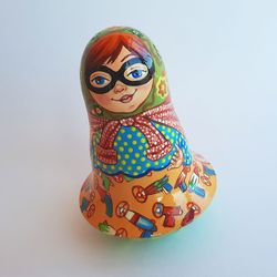 Nevalyashka art modern painted wooden roly poly music doll Russian handmade toy