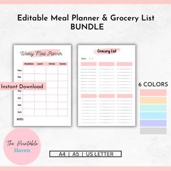 Editable Weekly Meal Planner & Grocery List Bundle, Menu Planner, Kitchen Organization, Shopping List, Printable Planner
