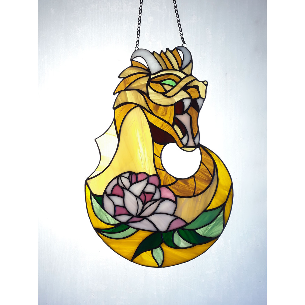 Stained Glass Dragon Dreamcatcher Moon Lotus Flower Ornament Dragon Suncatcher Stained Glass Panel Suncatcher 8