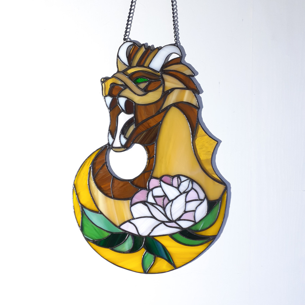 Stained Glass Dragon Dreamcatcher Moon Lotus Flower Ornament Dragon Suncatcher Stained Glass Panel Suncatcher 6