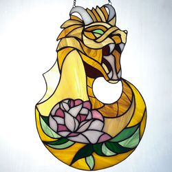 Stained Glass Dragon Dreamcatcher, Moon Lotus Flower Ornament, Dragon Suncatcher, Stained Glass Panel Suncatcher