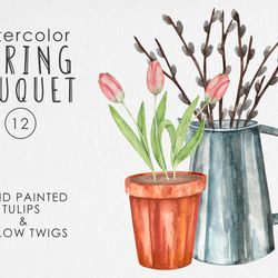 Watercolor Spring Bouquet Clipart / Pink Tulips and Willow Twigs Clipart / Spring  Potted Flowers