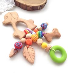 Wooden baby rattle dog toy - crochet beaded infant newborn keepsake toy for baby - custom baby gift toy, Postpartum gift