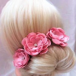 Set of 3 hair pin, Blush pink flower hair pin with rhinestones, Wedding hair pin with silk flower, Bridal hair pin