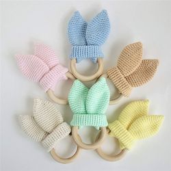 Crochet Pattern bunny rattle ears teether first baby toy wooden ring amigurumi rabbit easter gift for baby