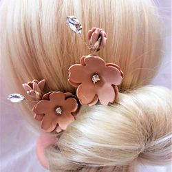 Set of 3 bridal hair pin, Cream-colored flower hair pin with rhinestone, Prom /Wedding  hairpin, Cream flower hair pin