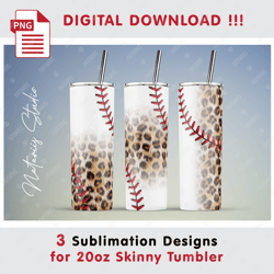3 Baseball Leopard Templates - Seamless Sublimation Patterns - 20oz SKINNY TUMBLER - Full Tumbler Wrap