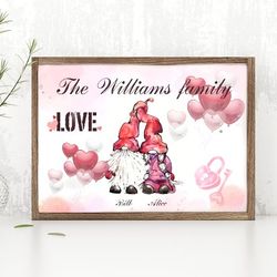 Personalized Family Print, Valentine's day Gnome Family Portrait, Gift for Gnome lover
