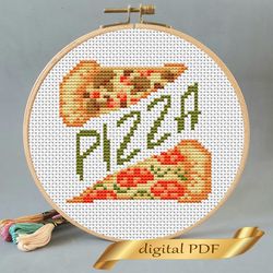 Pizza pattern pdf cross stitch, Easy embroidery DIY, small food pattern