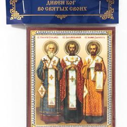 Three Hierarchs Basil, Gregory, John | orthodox wooden icon compact size | orthodox gift free shipping